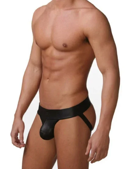 Sleek Black Faux Leather Jockstrap - Image 2